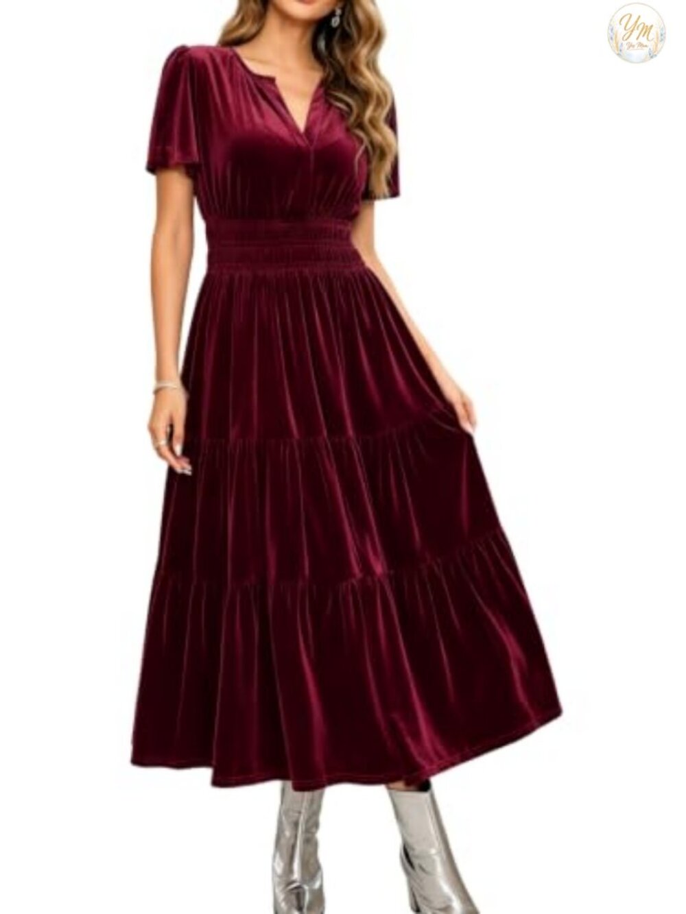 Womens Velvet Maxi Dress V Neck Short Sleeve Formal Wedding Guest